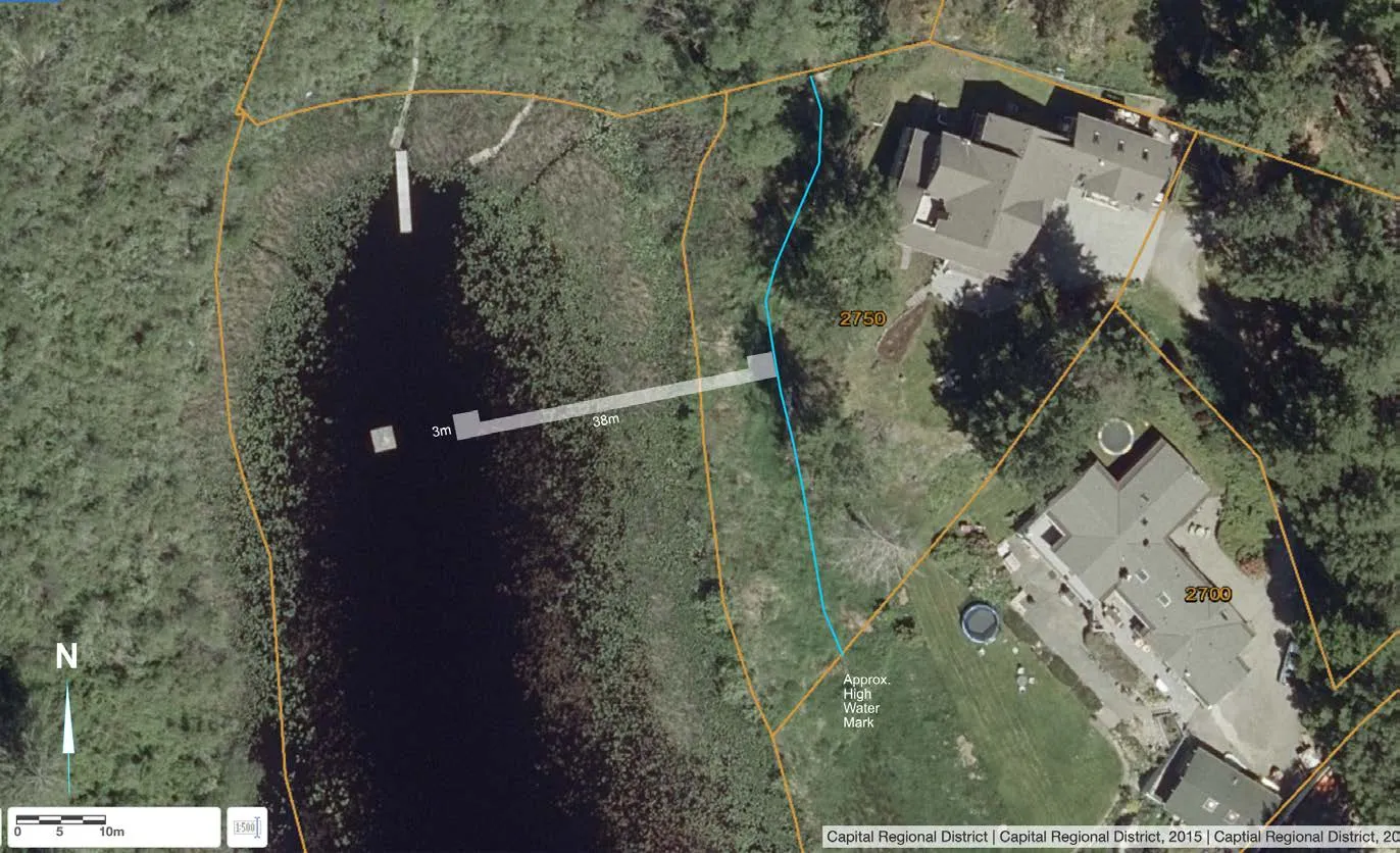 Aerial map showing the proposed dock location at 2750 Herbate Road, indicating property boundaries, the 38m total dock length, and proximity to the shoreline.