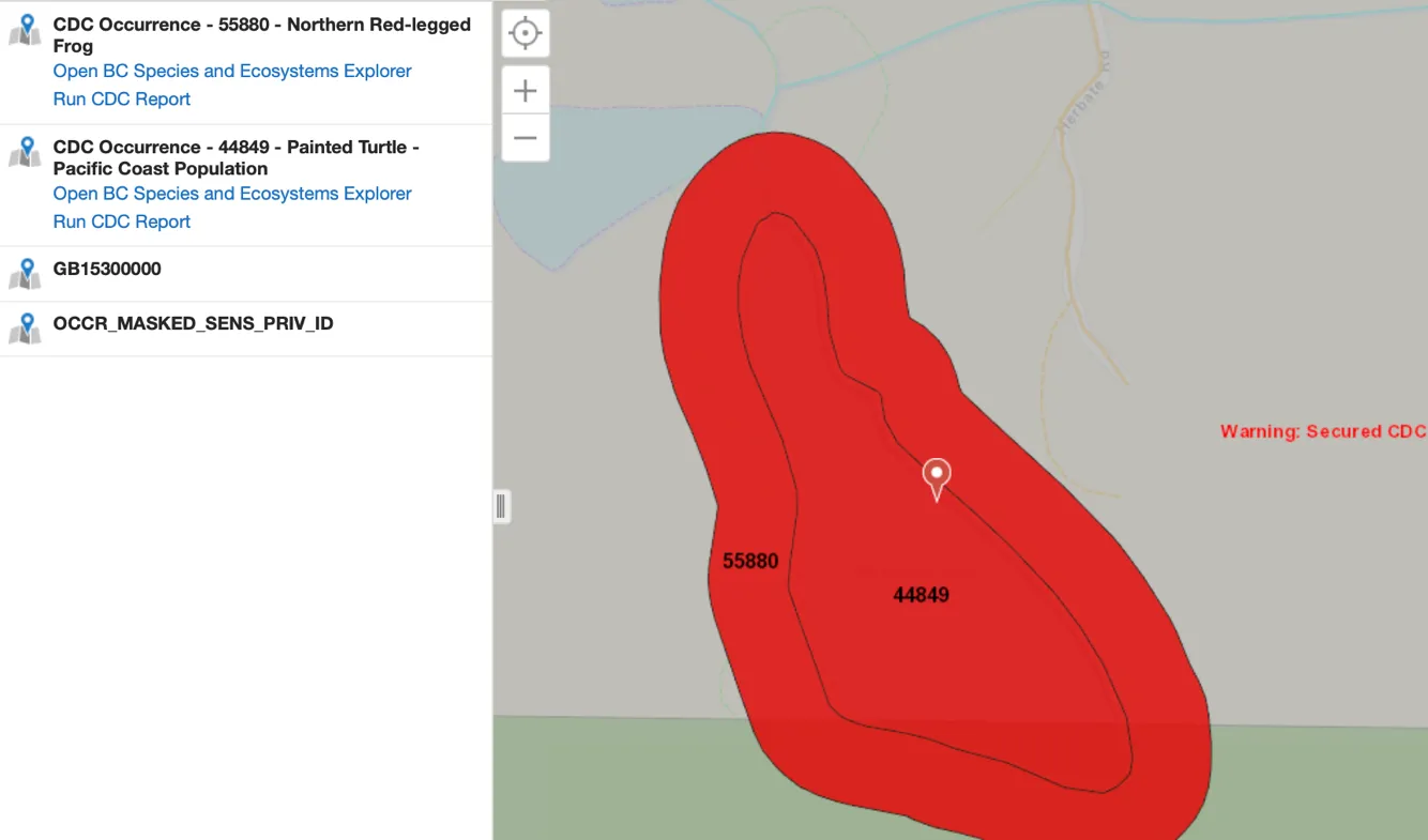 Figure 3. Conservation Data Centre mapping for rare species at McKenzie Lake.