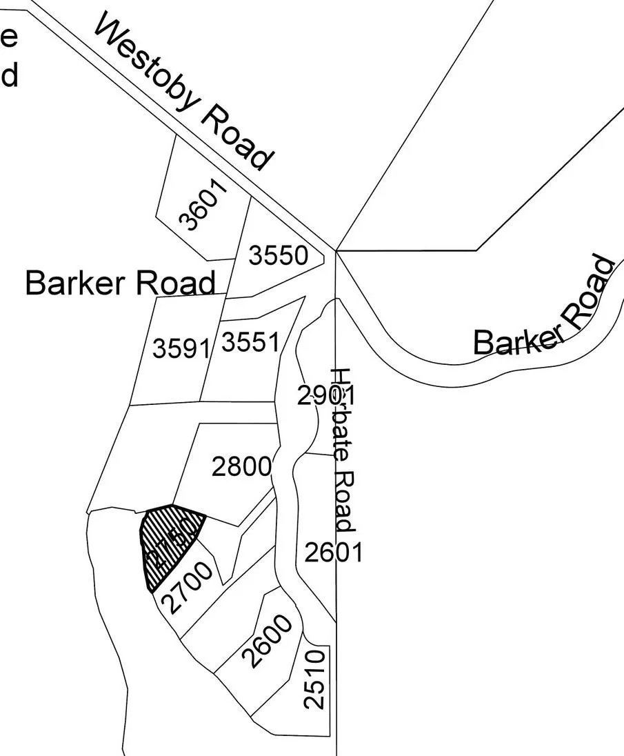 Parcel map showing the location of 2750 Herbate Road relative to Westoby Road and Barker Road