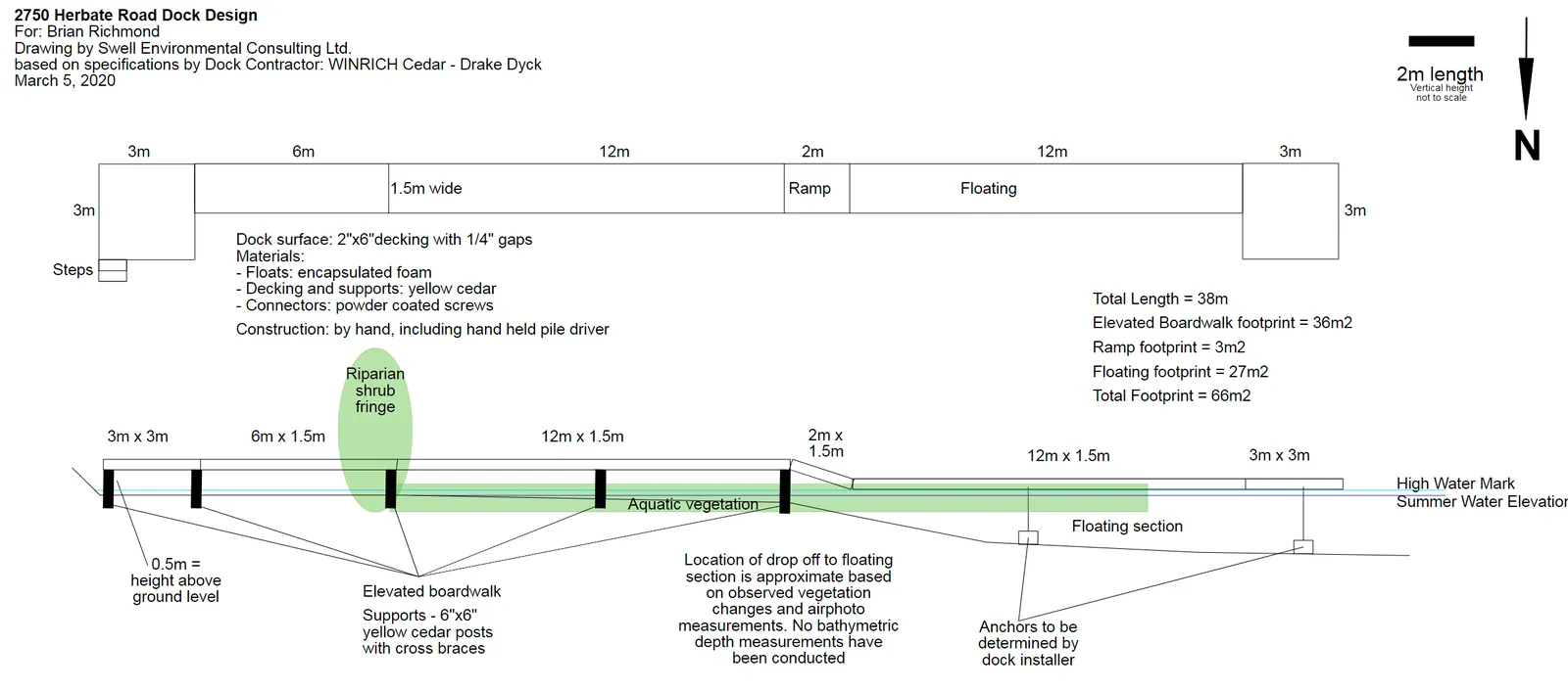 Technical diagram showing the plan and elevation views of the proposed dock design with dimensions and material specifications