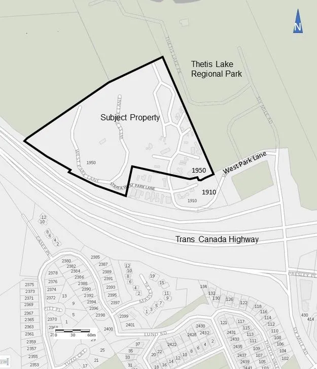Location plan map showing the Subject Property at 1950 West Park Lane, bordered by Thetis Lake Regional Park to the north and east, and situated north of the Trans Canada Highway.