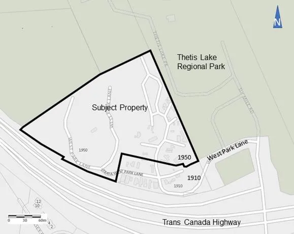 Location map showing subject property boundaries and proximity to Thetis Lake Regional Park and Trans Canada Highway