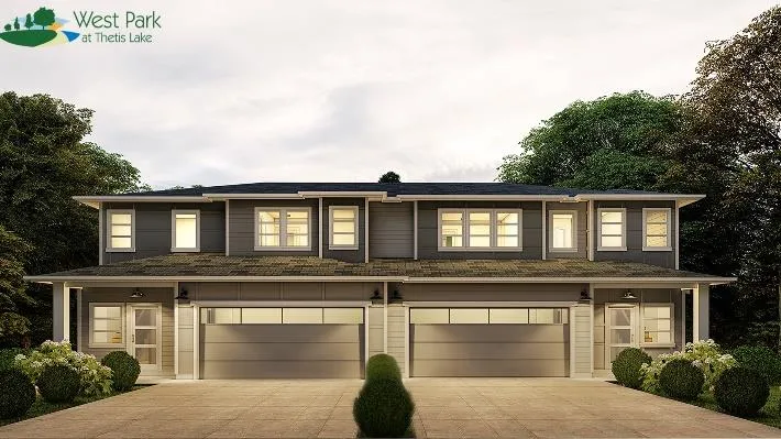 Front architectural rendering of a multi-unit townhouse building
