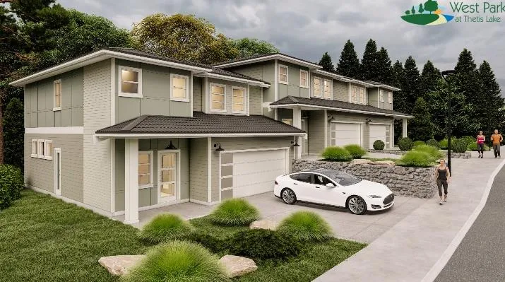 Perspective architectural rendering of a multi-unit townhouse building with driveway and landscaping