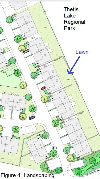 Landscaping plan map detail highlighting the lawn area transition to Thetis Lake Regional Park