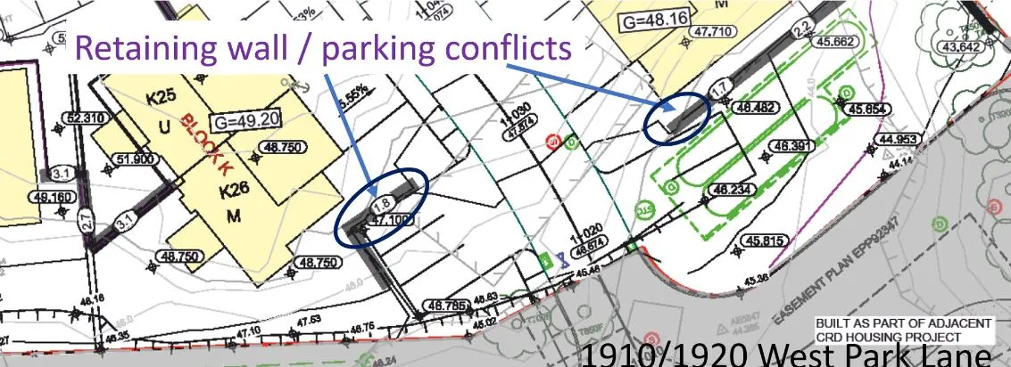 Engineering site plan detailing "Retaining wall / parking conflicts" at visitor parking spaces