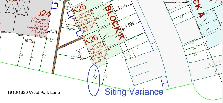 Technical diagram illustrating the "Siting Variance" for Block K near the lot boundary