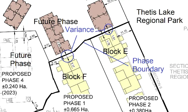 Site plan detail showing the "Variance" location relative to the "Phase Boundary" and Blocks E and F