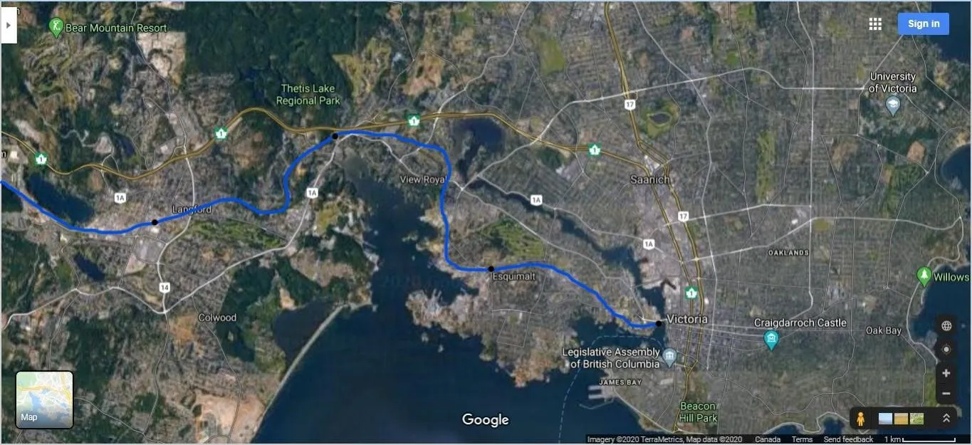 Google Map showing the E&N rail line route through Greater Victoria, passing through Victoria, Esquimalt, View Royal, and Langford