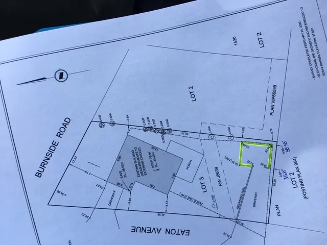 Site map for Lot 3 showing the relationship between Eaton Avenue, Burnside Road, and the proposed building footprint near the property line