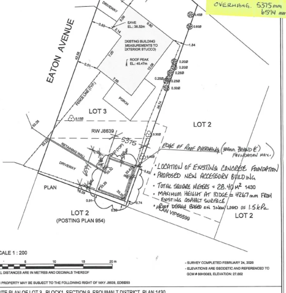 Detailed survey plan of Lot 3 showing the location of the existing concrete foundation and proposed new accessory building