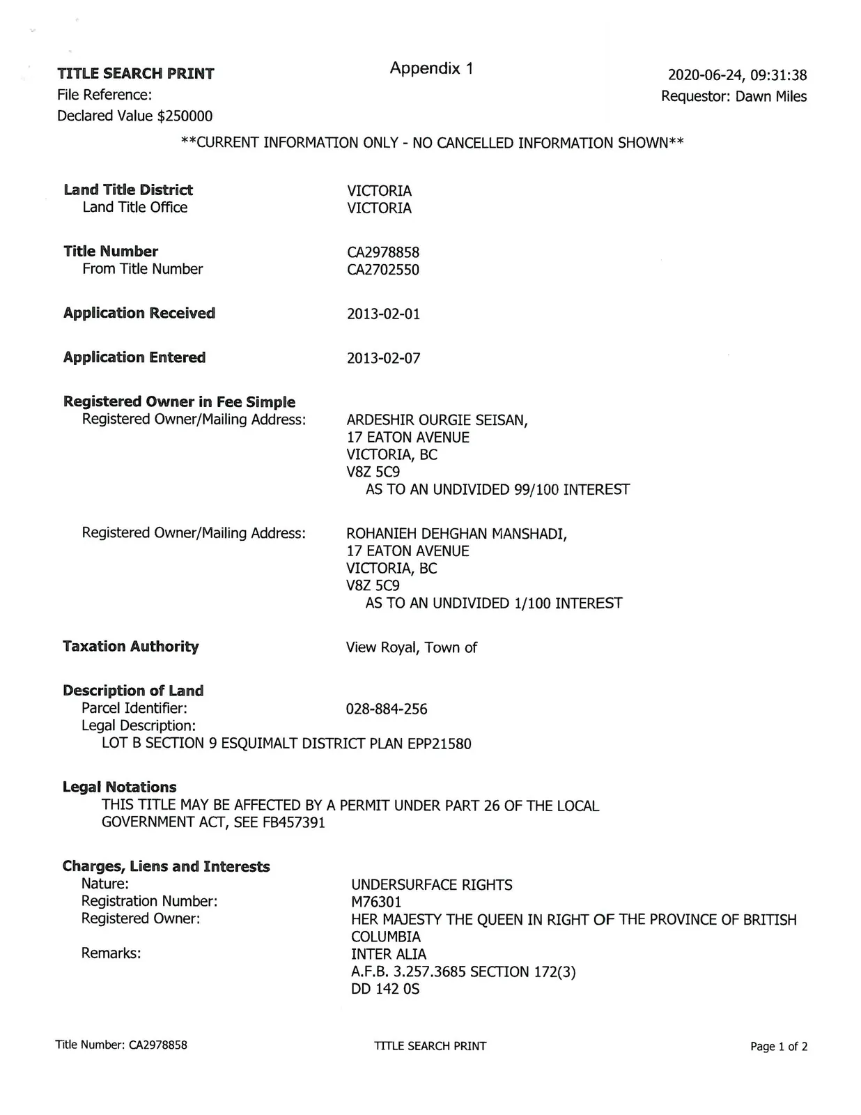 First page of Title Search Print for Title Number CA2978858