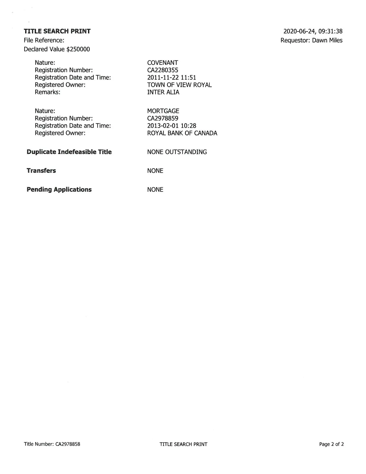 Second page of Title Search Print for Title Number CA2978858