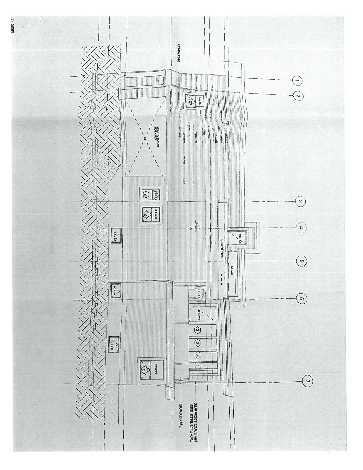 Architectural south elevation drawing showing building exterior details and grid lines 1 through 7