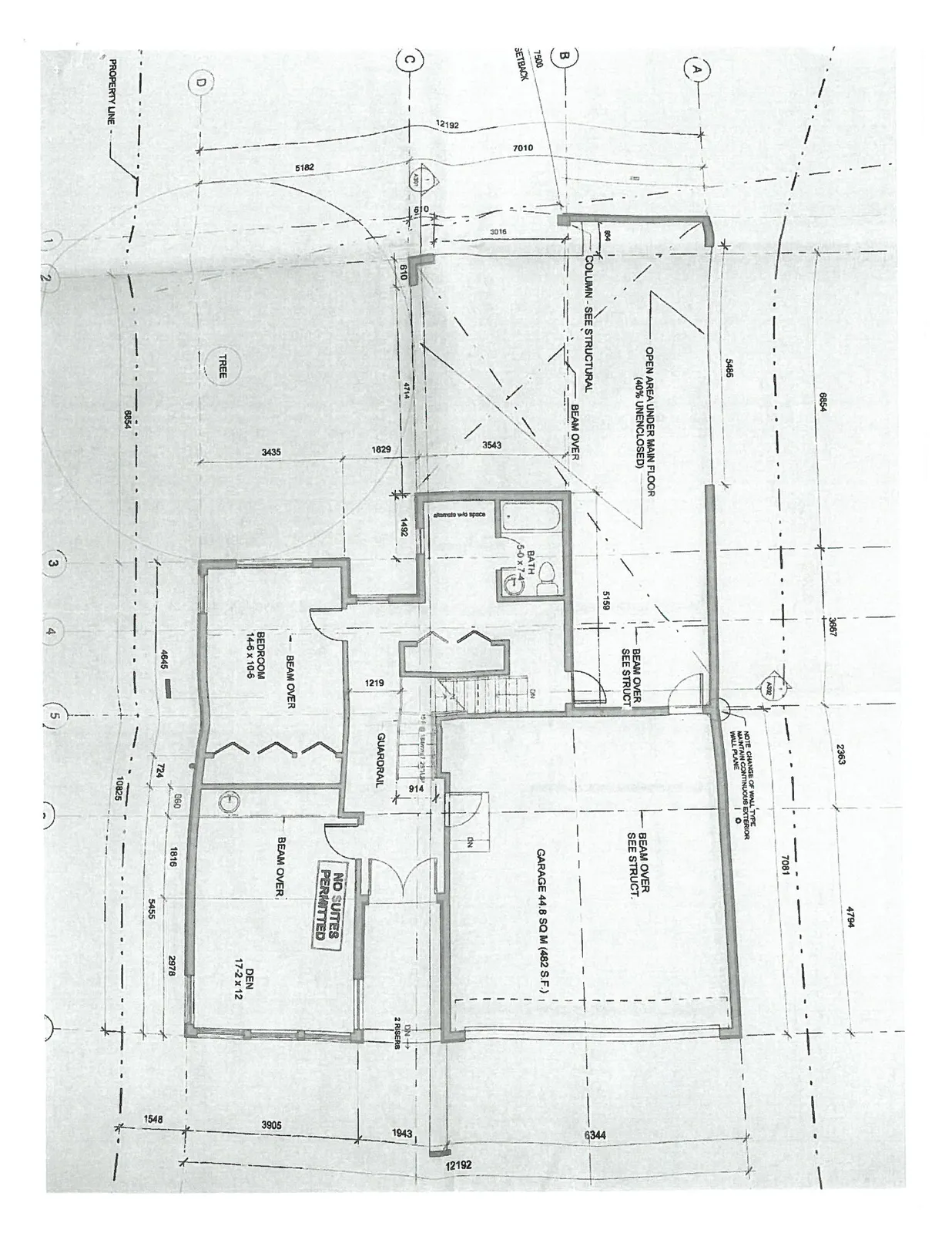 Detailed architectural floor plan showing interior layout and site dimensions