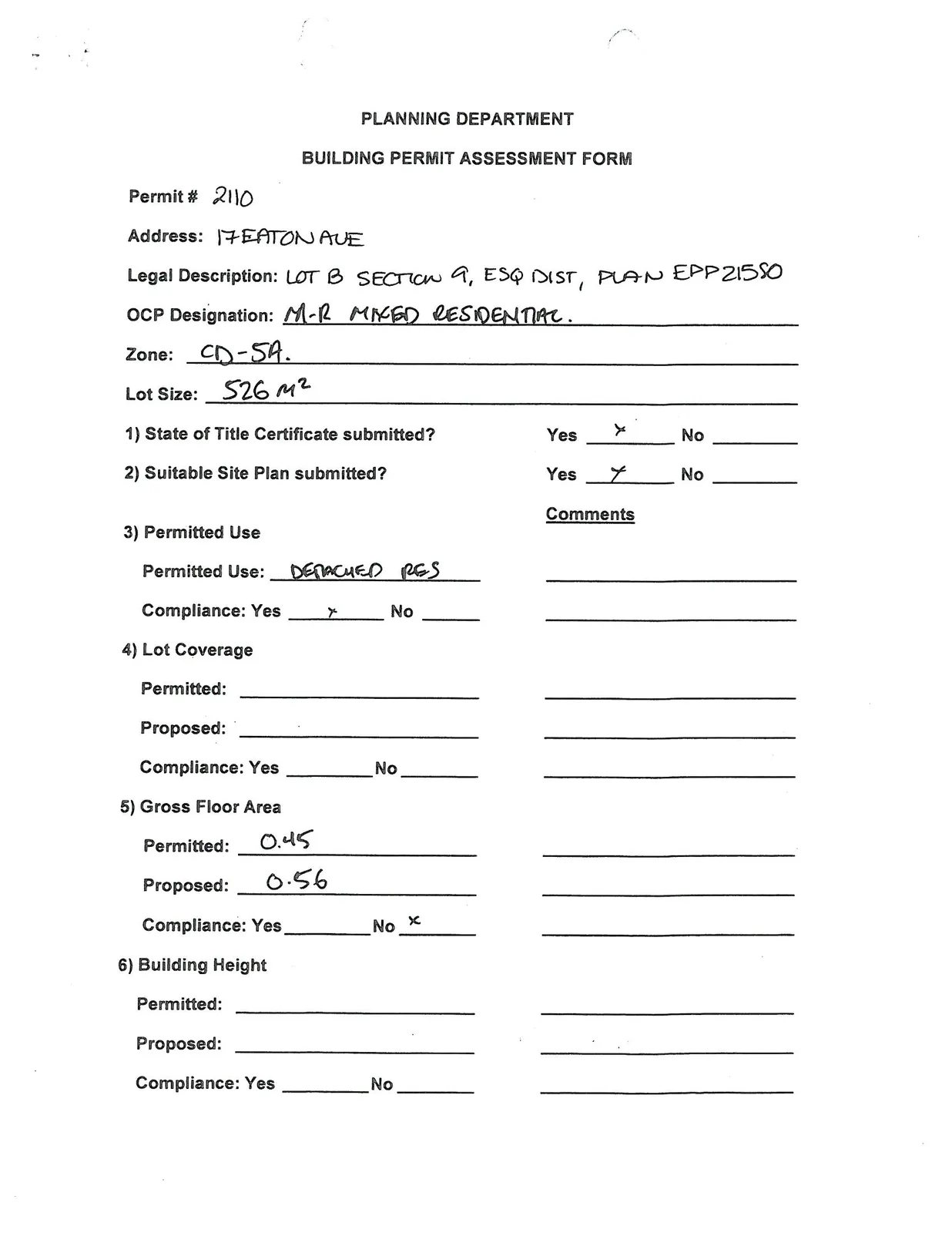 Building Permit Assessment Form page 1