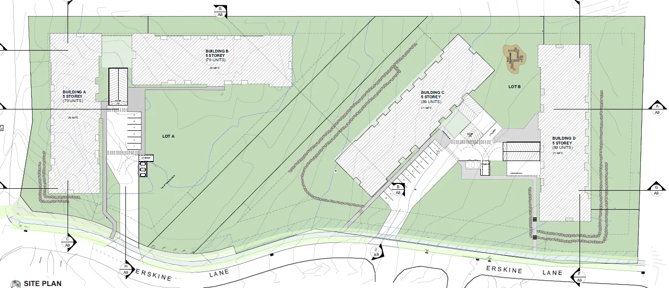 Site plan showing building locations and a section line in red