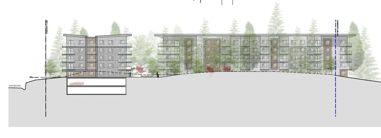 Building elevation showing mid-rise structures on a sloped site