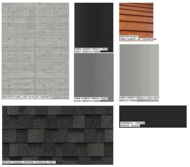 Material board showing concrete, fibre cement panels, wood-toned window boxes, asphalt shingles, and black handrails/fascias