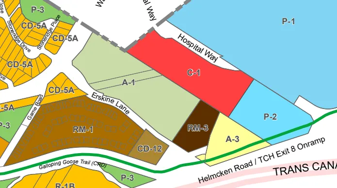 Zoning map showing the subject site and surrounding land use designations like RM-1, RM-3, C-1, and P-1