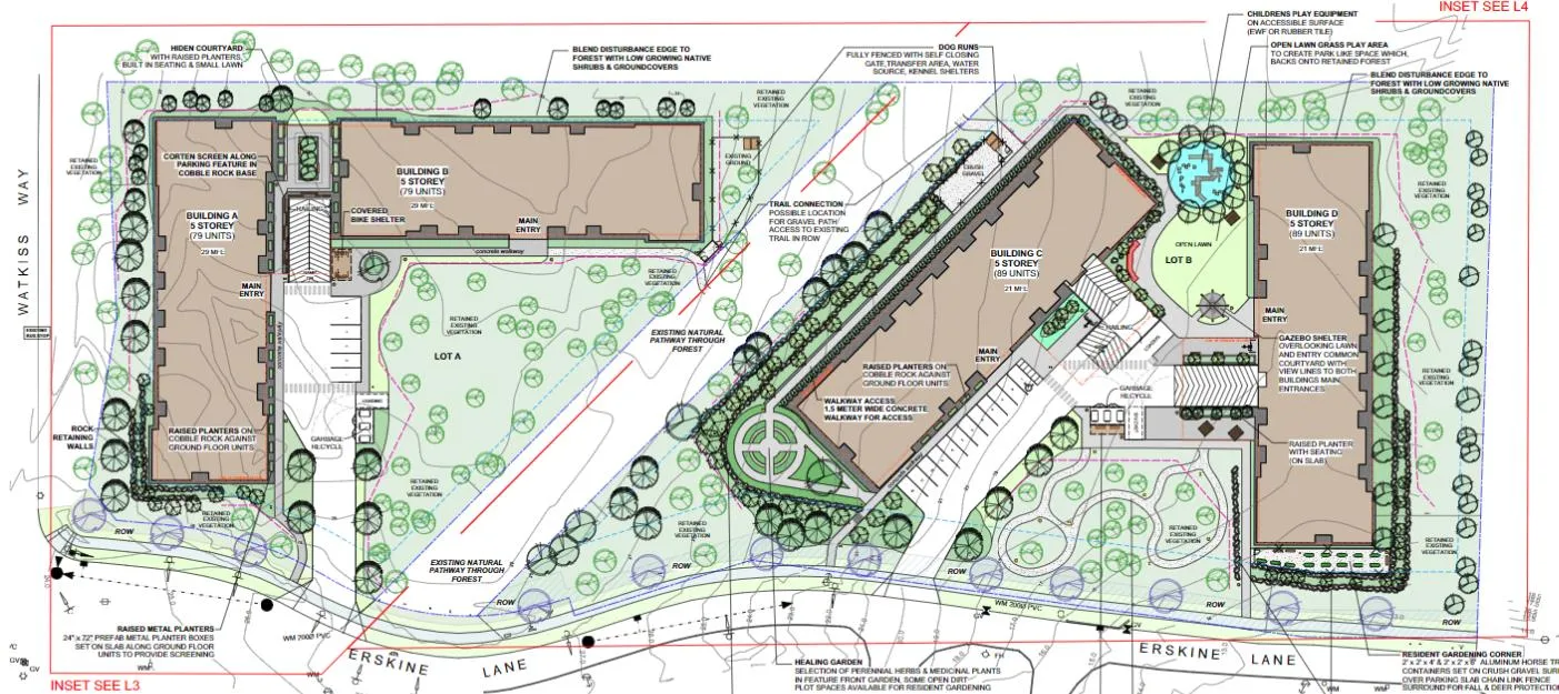 Current proposal site plan with detailed landscaping and building footprints