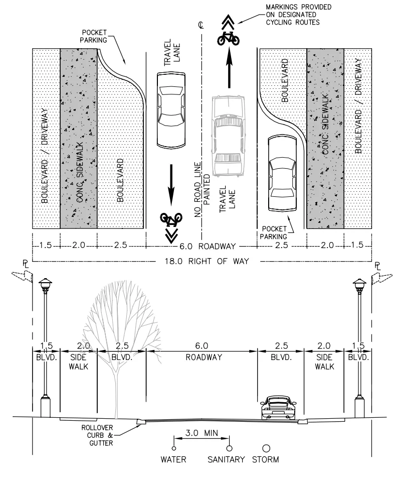 Technical diagram showing road cross-sections and plan view for Erskine Lane improvements