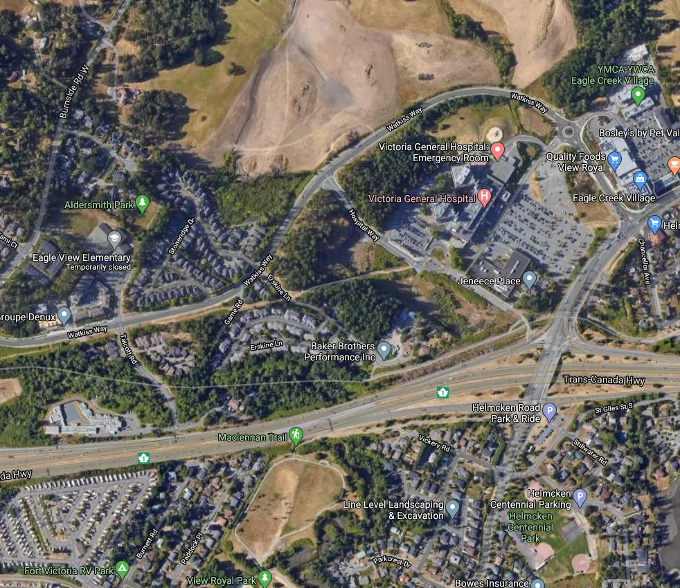 Regional aerial map showing the project site location in relation to View Royal and Victoria