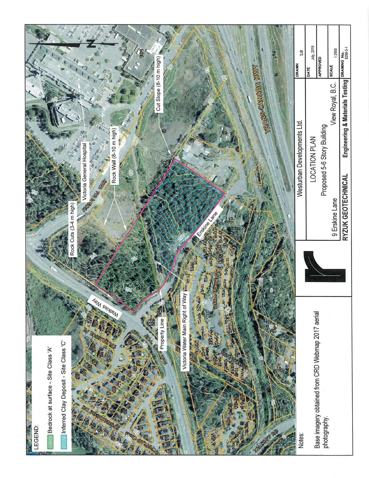 Geotechnical location plan map showing the site at 9 Erskine Lane. The map features an aerial photograph with overlays for property lines, bedrock surface areas (Site Class 'A'), and inferred clay deposit areas (Site Class 'C'). Surrounding landmarks include Victoria General Hospital, Hospital Way, Watkiss Way, Erskine Lane, and the Trans-Canada Highway. Specific geotechnical features such as rock cuts and walls are labeled with their heights.