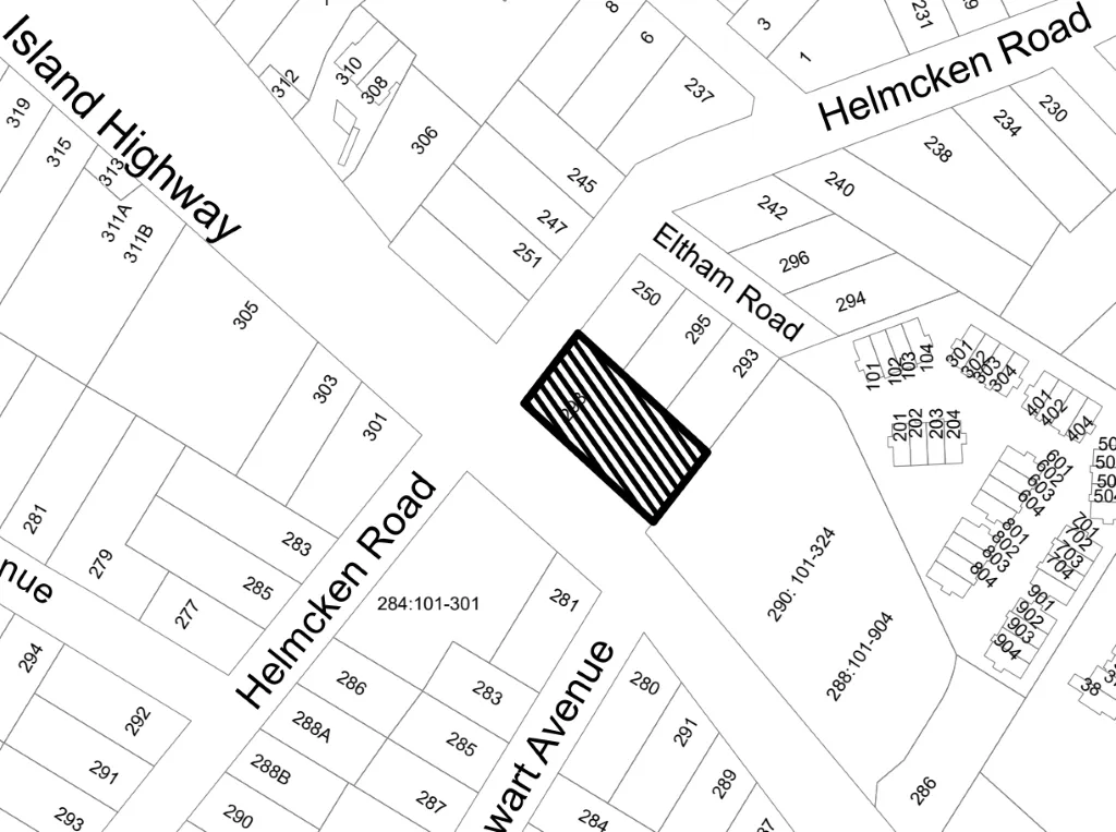 Location map showing property parcels and street names, including Island Highway, Helmcken Road, Eltham Road, and Stewart Avenue. A specific property at the intersection of Helmcken Road and Eltham Road is highlighted with a diagonal cross-hatch pattern.