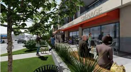 Architectural rendering of the proposed commercial storefront and outdoor seating area