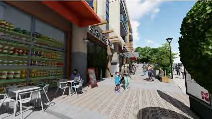 Rendering of the pedestrian-friendly streetscape and retail signage