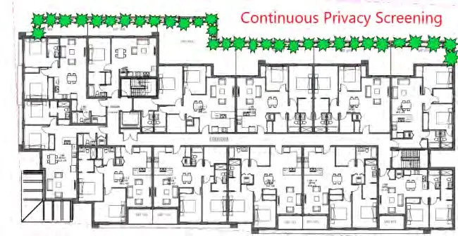 Proposed second floor plan showing unit layouts and continuous privacy screening