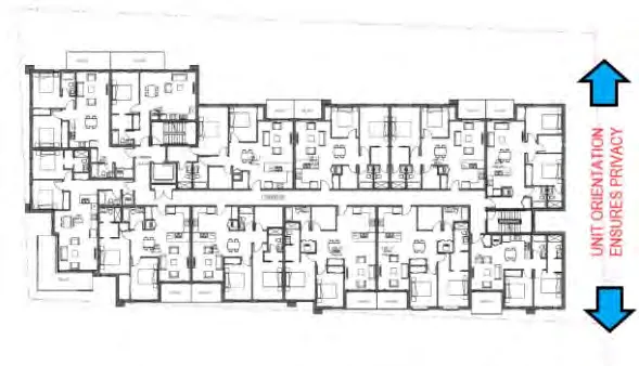 Proposed third floor plan illustrating unit orientation designed for privacy