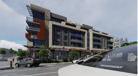 Ground-level architectural rendering showing the building's facade, storefronts, and a pedestrian plaza with outdoor seating