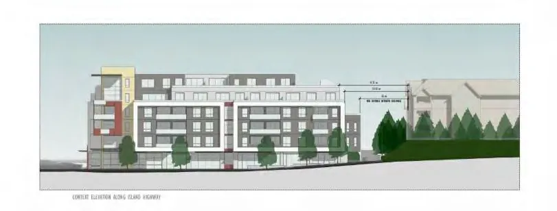 Perspective architectural rendering of the building from a street corner, showcasing the terraced design