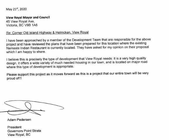Letter of support from Jason Boyd to View Royal Mayor and Council regarding the development at 298 Island Highway, dated May 15th, 2020