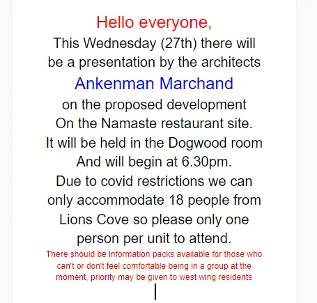 Screenshot of an email from Margie Hayes-Holgate at 290 Island Hwy expressing support for the proposal at the site occupied by the Indian Restaurant