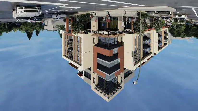 3D rendering of building corner from street level
