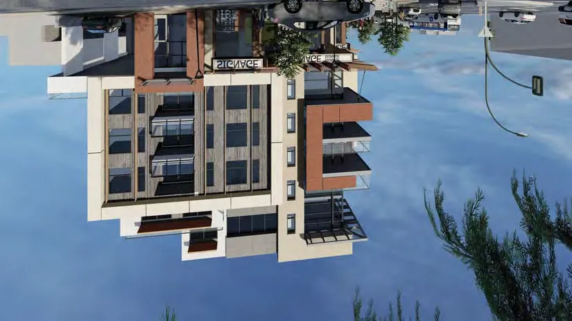 3D rendering of building side from street level