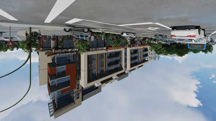 3D rendering of building front from street level