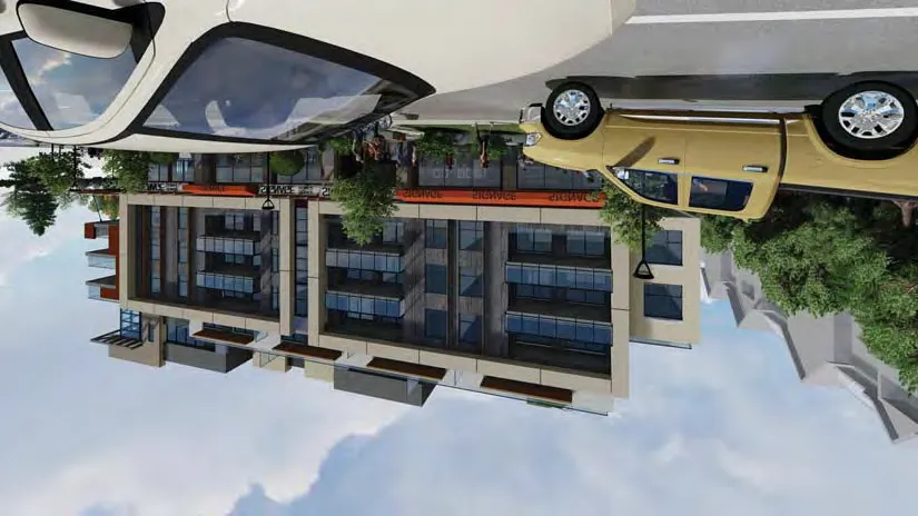 3D rendering of building front/side from street level