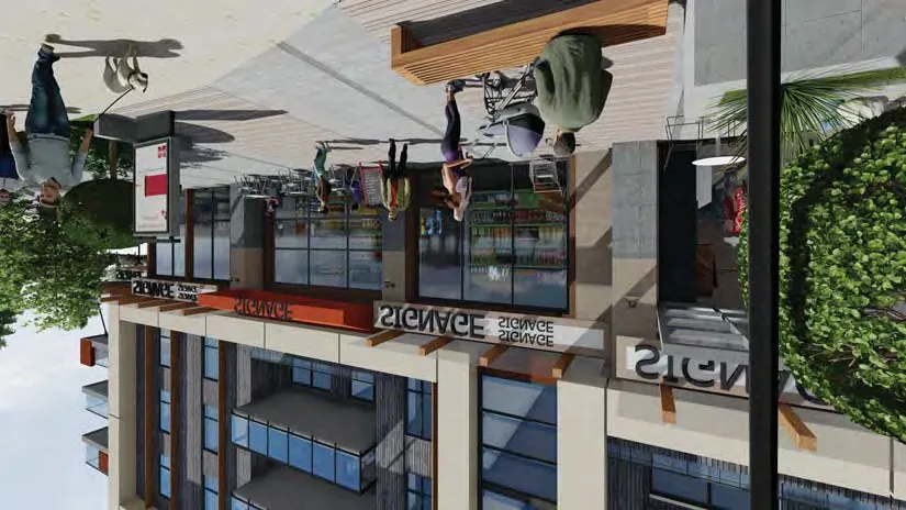 3D rendering close-up of retail/street level with "SIGNAGE"