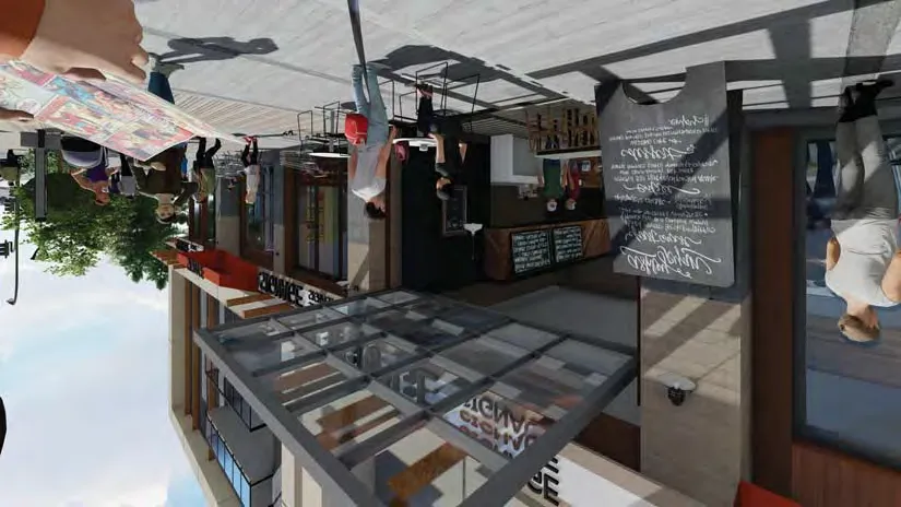 3D rendering close-up of building entrance/outdoor seating