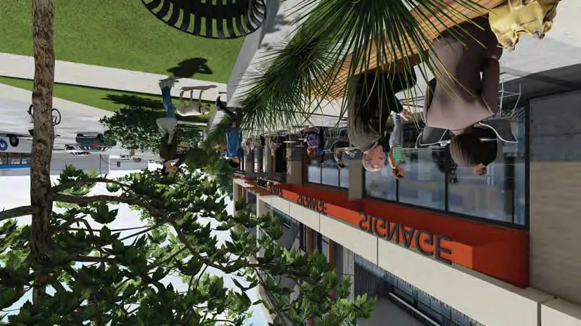 3D rendering close-up of retail storefronts and sidewalk