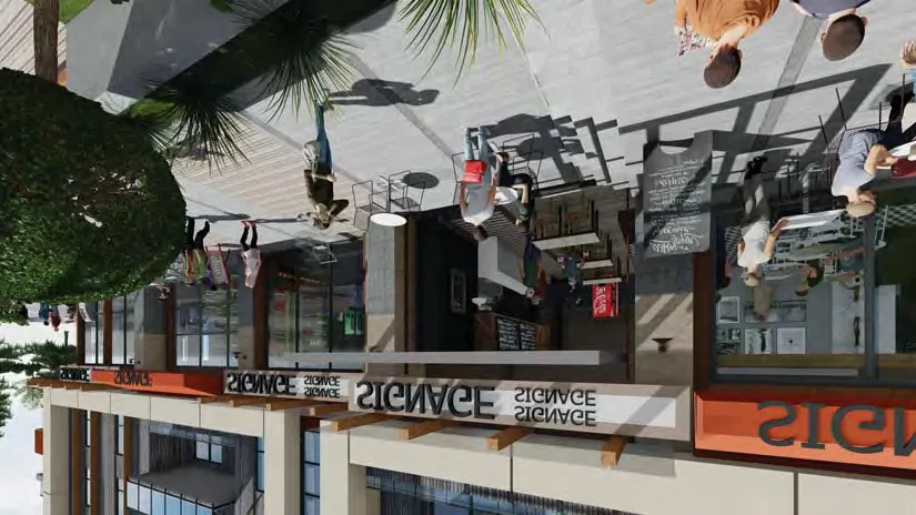 3D rendering close-up of retail area with tables and people