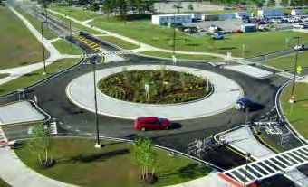 Aerial photo of a modern roundabout intersection