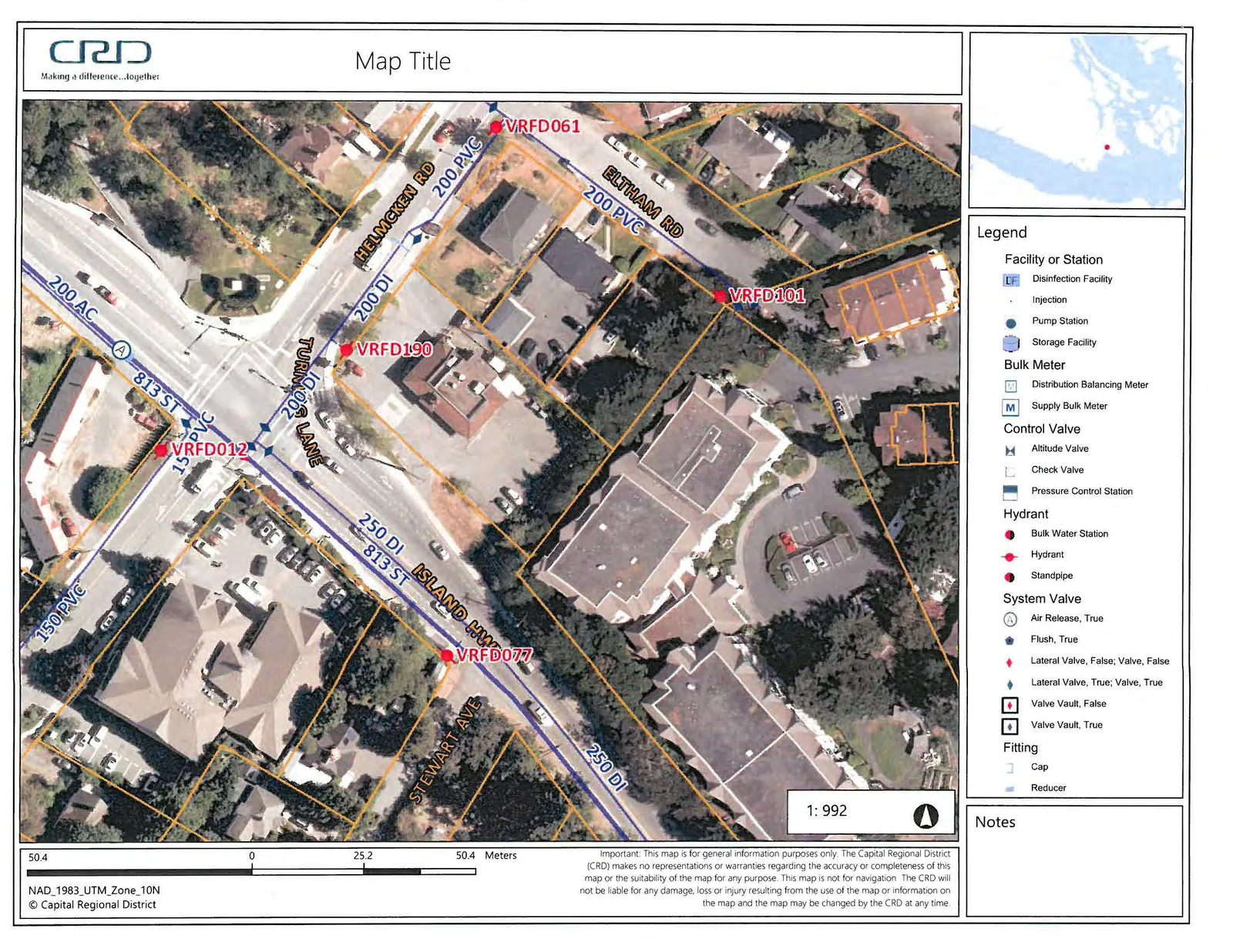 Capital Regional District (CRD) map showing water infrastructure, including hydrants and pipe diameters (e.g., 200 PVC, 250 DI), around 298 Island Highway