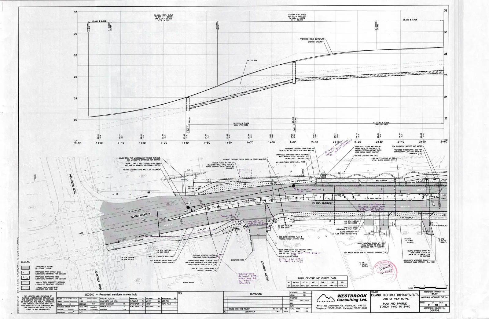 Engineering Plan and Profile drawing # 306702 for Island Highway Improvements by Westbrook Consulting Inc., detailing road alterations, utilities, and landscaping.