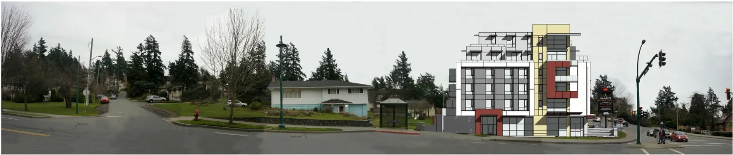 Architectural rendering of the Helmcken Road frontage of the proposed development