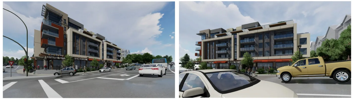 Perspective rendering of the building frontage along Island Highway